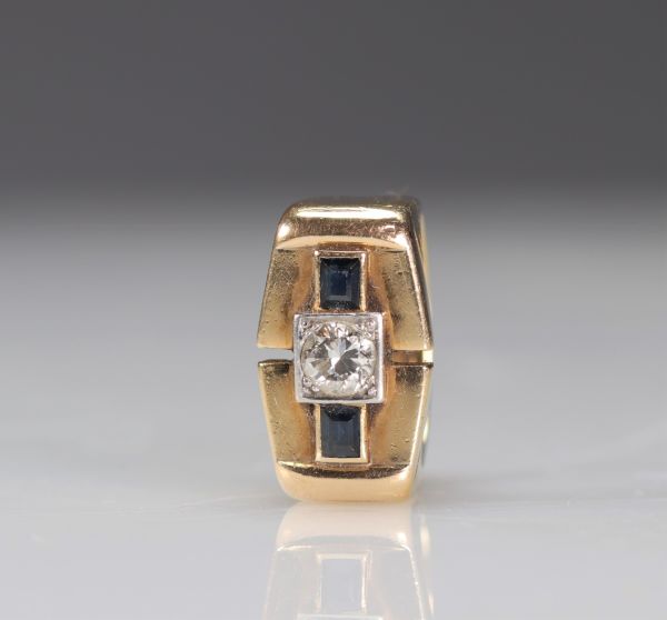 Bague chevalière Art Déco or 18k diamant 28p et saphirs (9.6gr)