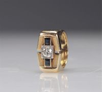 Bague chevalière Art Déco or 18k diamant 28p et saphirs (9.6gr)