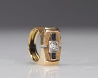 Bague chevalière Art Déco or 18k diamant 28p et saphirs (9.6gr)
