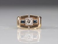 Bague chevalière Art Déco or 18k diamant 28p et saphirs (9.6gr)