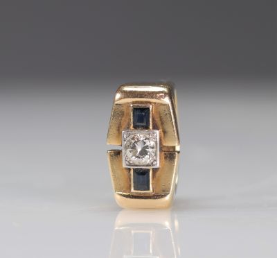 Bague chevalière Art Déco or 18k diamant 28p et saphirs (9.6gr)
